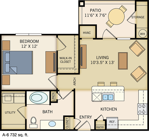 A-6 Floor Plan at Legacy Creekside Apartments, San Antonio, TX